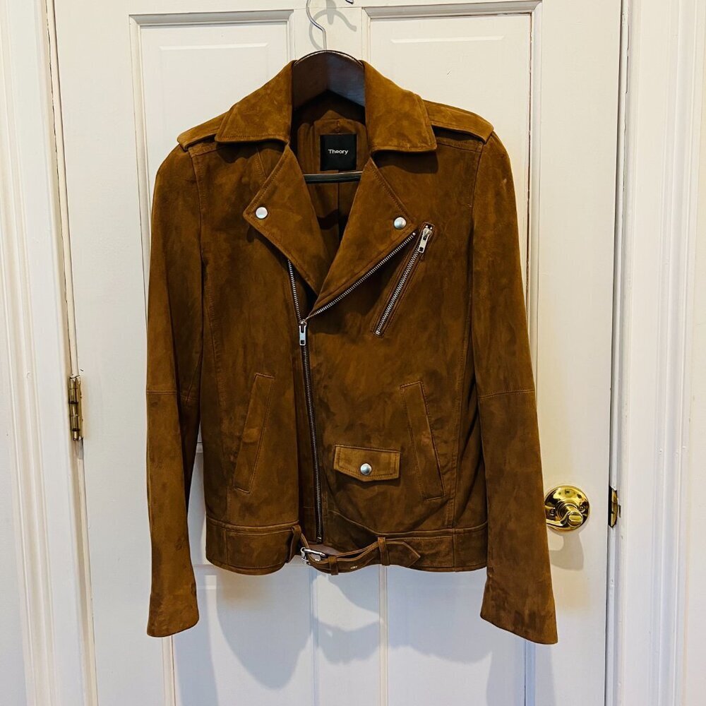 Theory Suede Goat Leather Womens Cognac Brown Tan Bike Jacket Coat Size Small - Picture 11 of 16